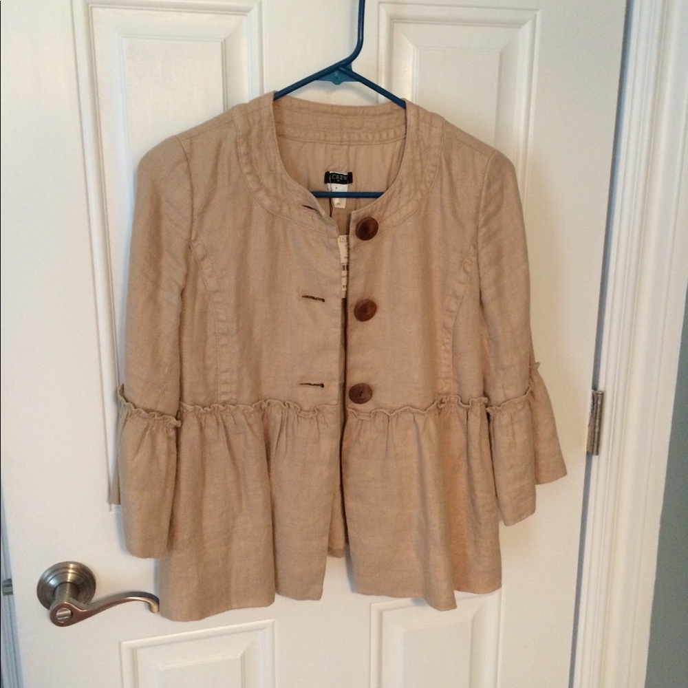 J. CREW Linen Cotton Ruffled Peplum Tan Jacket 0 - Picture 2 of 6